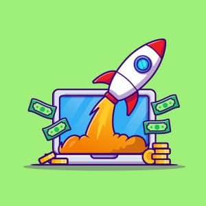 A picture showing rocket coming out of a laptop to indicate money being made online